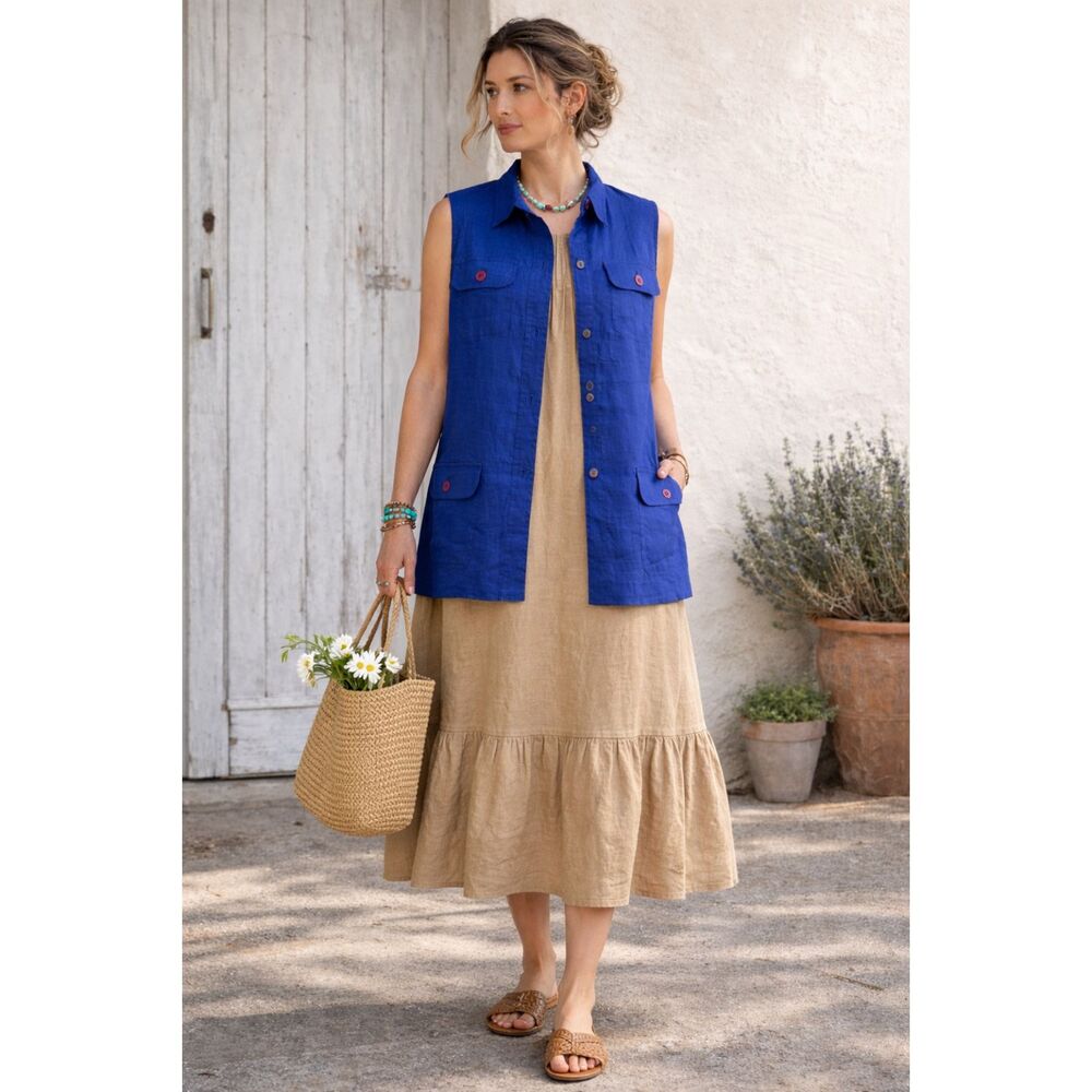 Casual Corner Womens Blue 100% linen Tunic button down vest Plus Size 14